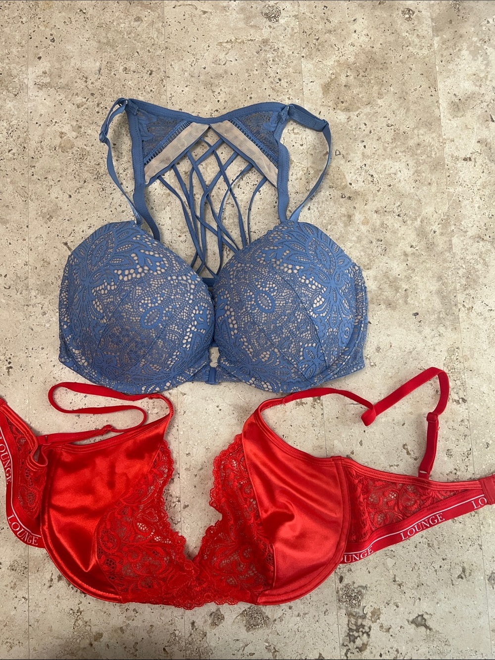 Victoria's Secret Blue Lace Strappy Bra + Red Satin Lace Bra Duo
